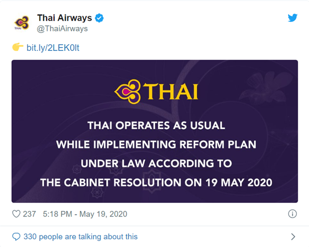 타이 정부에 의해 법정관리 중임을 알리는 타이항공의 트위터 계정.