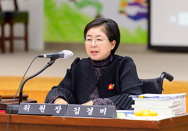 19일 행정사무감사에서 발언하고 있는 김경미 위원장. ⓒ헤드라인제주