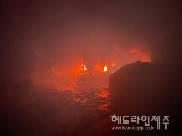 21일 새벽 제주시 조천읍 와흘리에 위치한 양돈장에서 발생한 화재 (사진=제주소방안전본부) ⓒ헤드라인제주