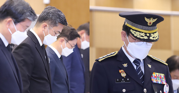 3일 봉행된 제73주년 제주4.3희생자추념식에서 묵념을 하고 있는 서욱 장관과 김창룡 청장. ⓒ헤드라인제주