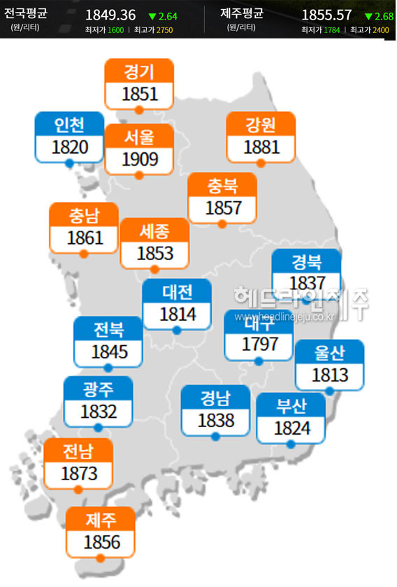 7일 기준 전국 주유소 휘발유 가격. <자료=오피넷>