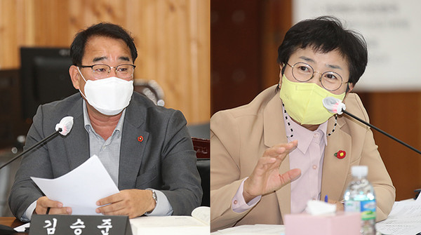 25일 행정사무감사에서 질의를 하고 있는 김승준 의원과 강성의 의원. ⓒ헤드라인제주