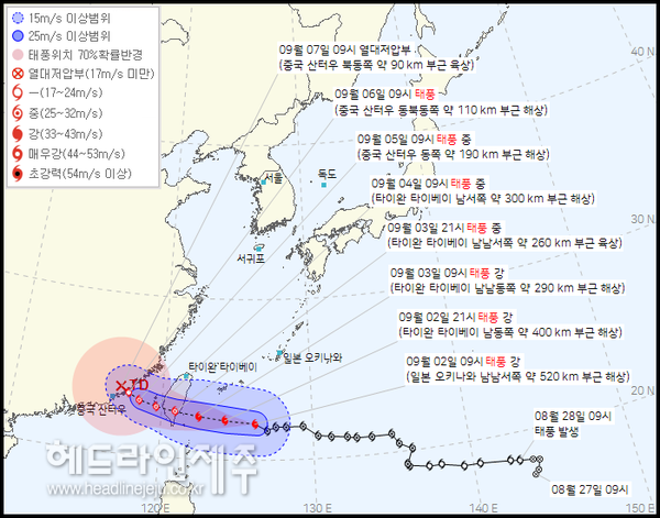 제11호 태풍 하이쿠이 현재위치와 예상이동경로.<br>
