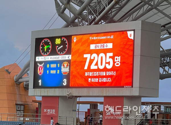 23일 오후 제주월드컵경기장에서 열린 제주와 서울의 K리그1 31라운드 경기에 7205명이 경기장을 찾았다. 사진은 전광판에 노출된 이날 공식 관중수. ⓒ헤드라인제주